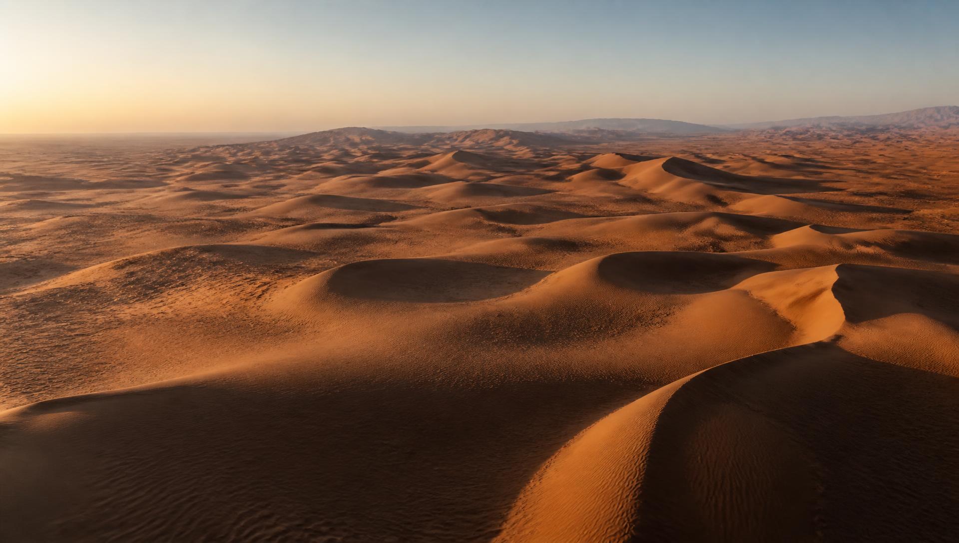 Aerial plate of open desert dunes at dusk